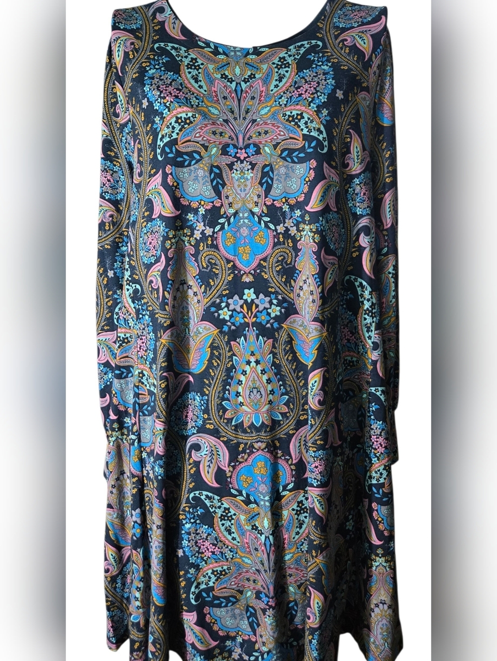 LOFT Navy Multi Paisley-Print Long Sleeve Swing Dress Size Medium